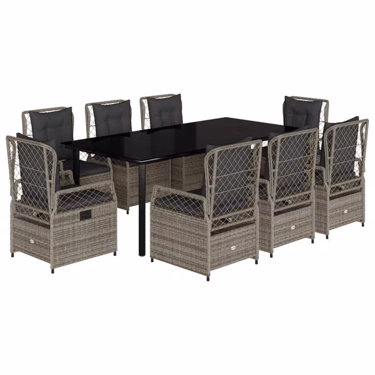 Set da Pranzo da Giardino 9 pz con Cuscini in Polyrattan Grigio
