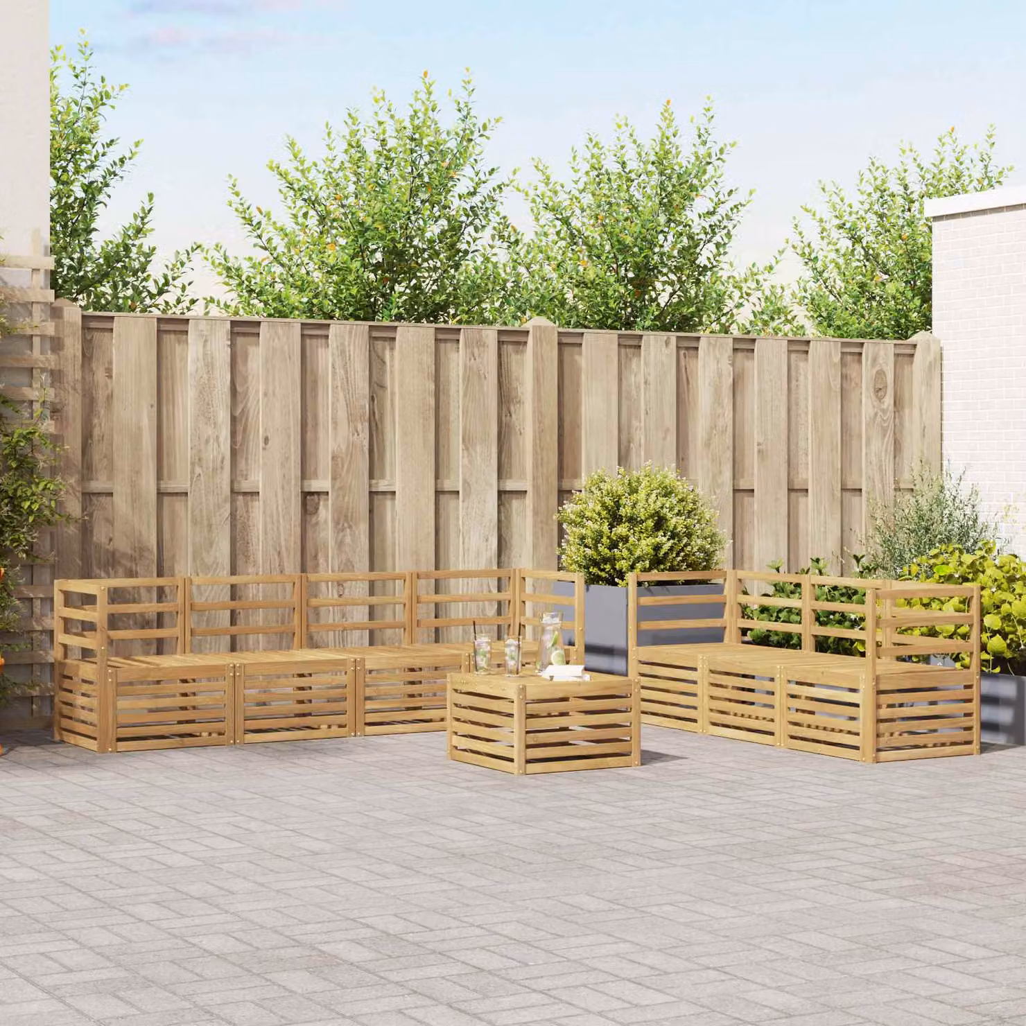 Set di divani da giardino vidaXL a forma di L in legno di acacia con cuscini, 8 pezzi, marrone e bianco