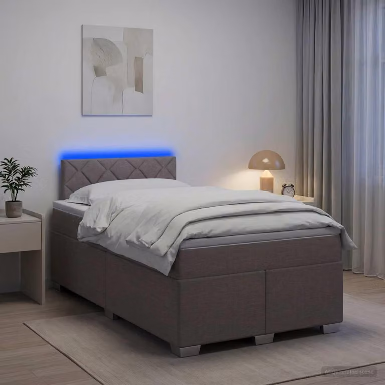 Letto a molle insacchettate "Maison Exclusive" con materasso e illuminazione LED, color taupe, dimensioni 120 x 200 cm, rivestito in tessuto
