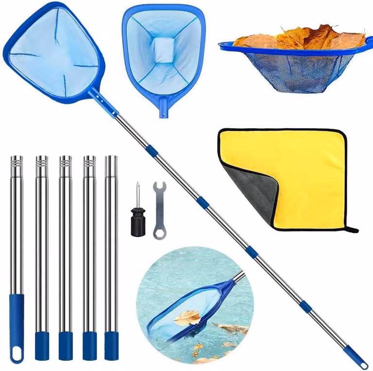 Retino per piscina con asta telescopica, 220 cm, a maglia fine, 43x28 cm, per la pulizia della piscina