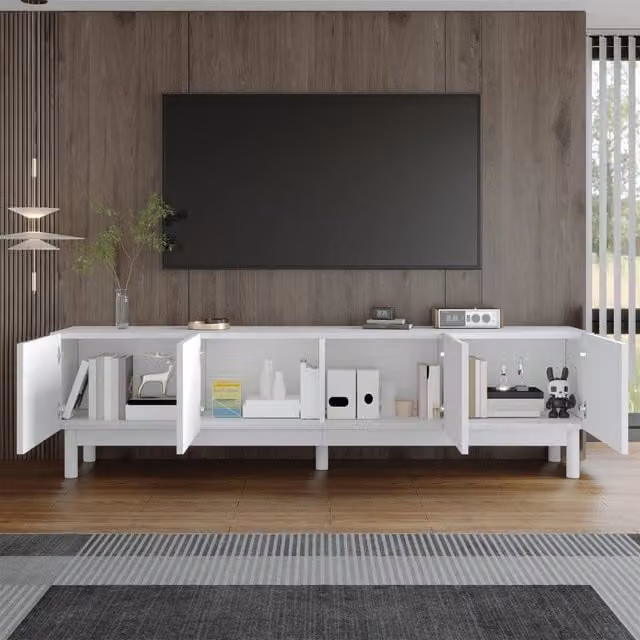 Mobile porta TV moderno OKWISH per soggiorno in MDF e legno bianco con 4 ante e ripiani L: 169 cm, P: 34 cm, H: 45,5 cm