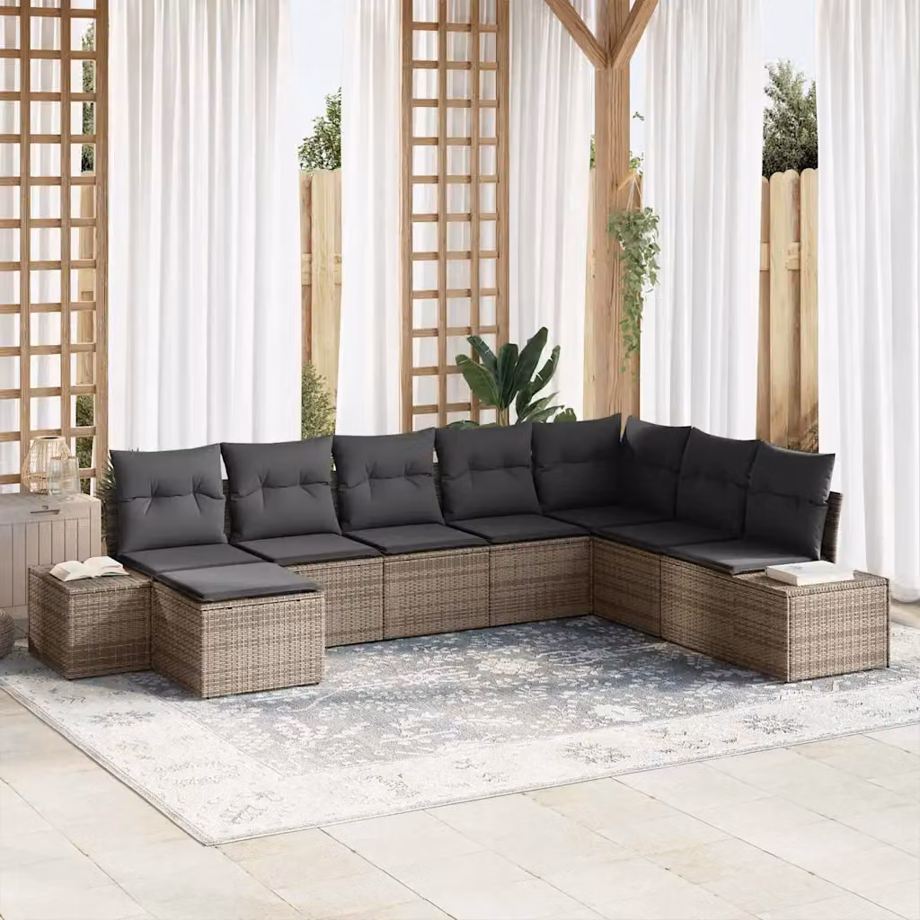 Set Divano da Giardino vidaXL 8 Pezzi in Polyrattan Grigio con Cuscini e Tavolino – 1