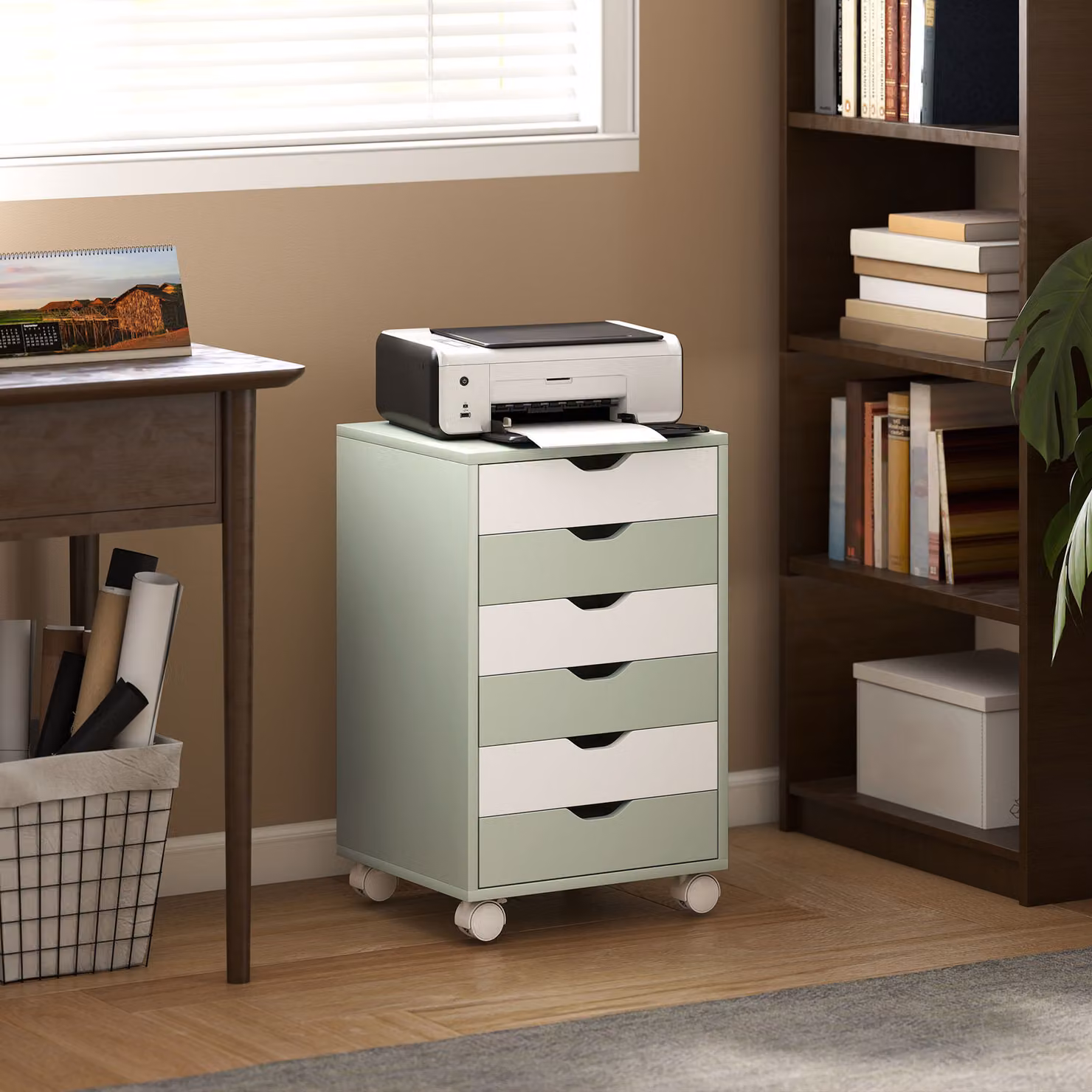 Cassettiera da scrivania HOMCOM con 6 cassetti e ruote, verde e bianco, L 40 cm x P 35 cm x H 63 cm – 2