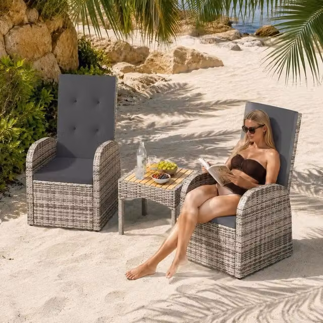 Garden Loungers, 2 Pieces, With Cushions, Poly Rattan, Grey