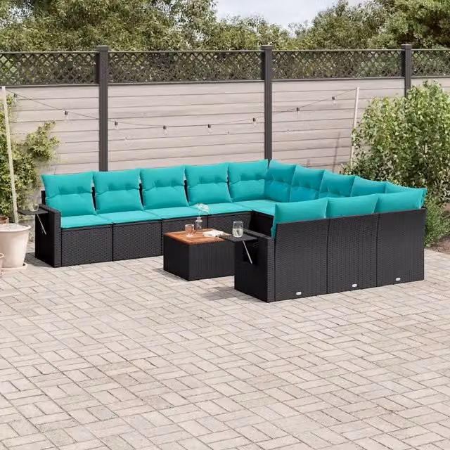 Set di Divani da Giardino a Forma di U con Tavolino da Caffè vidaXL, Polyrattan e Struttura in Metallo, Colore Nero, Blu e Turchese con Cuscini Inclusi