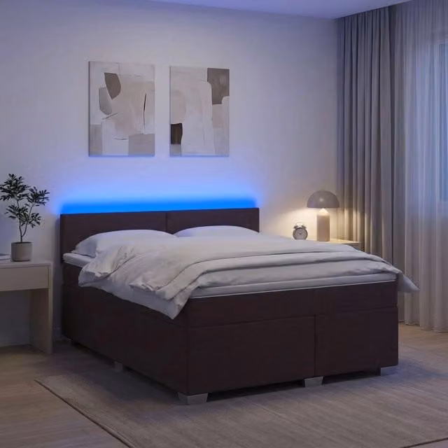 Letto Box Spring vidaXL con Materasso Ibrido, Illuminazione LED e Porta USB, Marrone e Bianco, 140 x 200 cm – 1