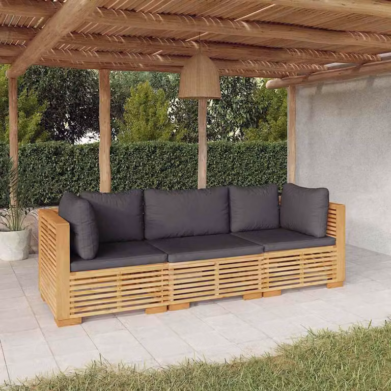 Set di divani da giardino vidaXL in legno massello di teak marrone con cuscini grigi per 3 persone