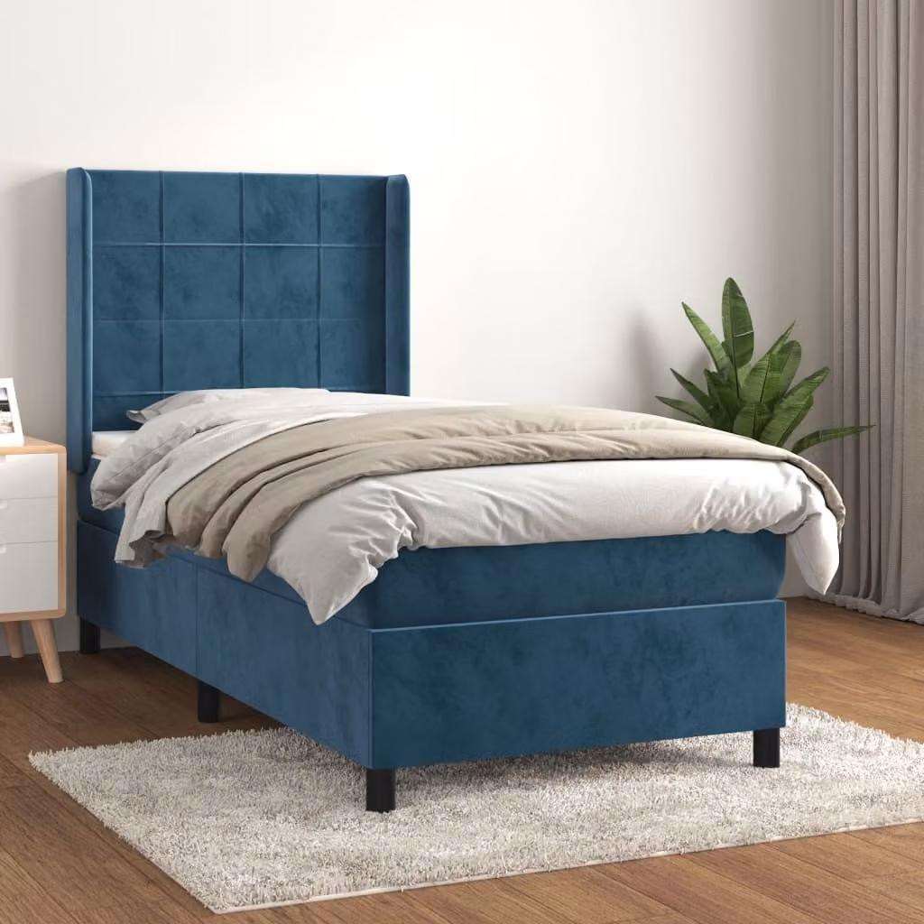 The Living Store Letto a molle con materasso blu scuro 90x200 cm in velluto