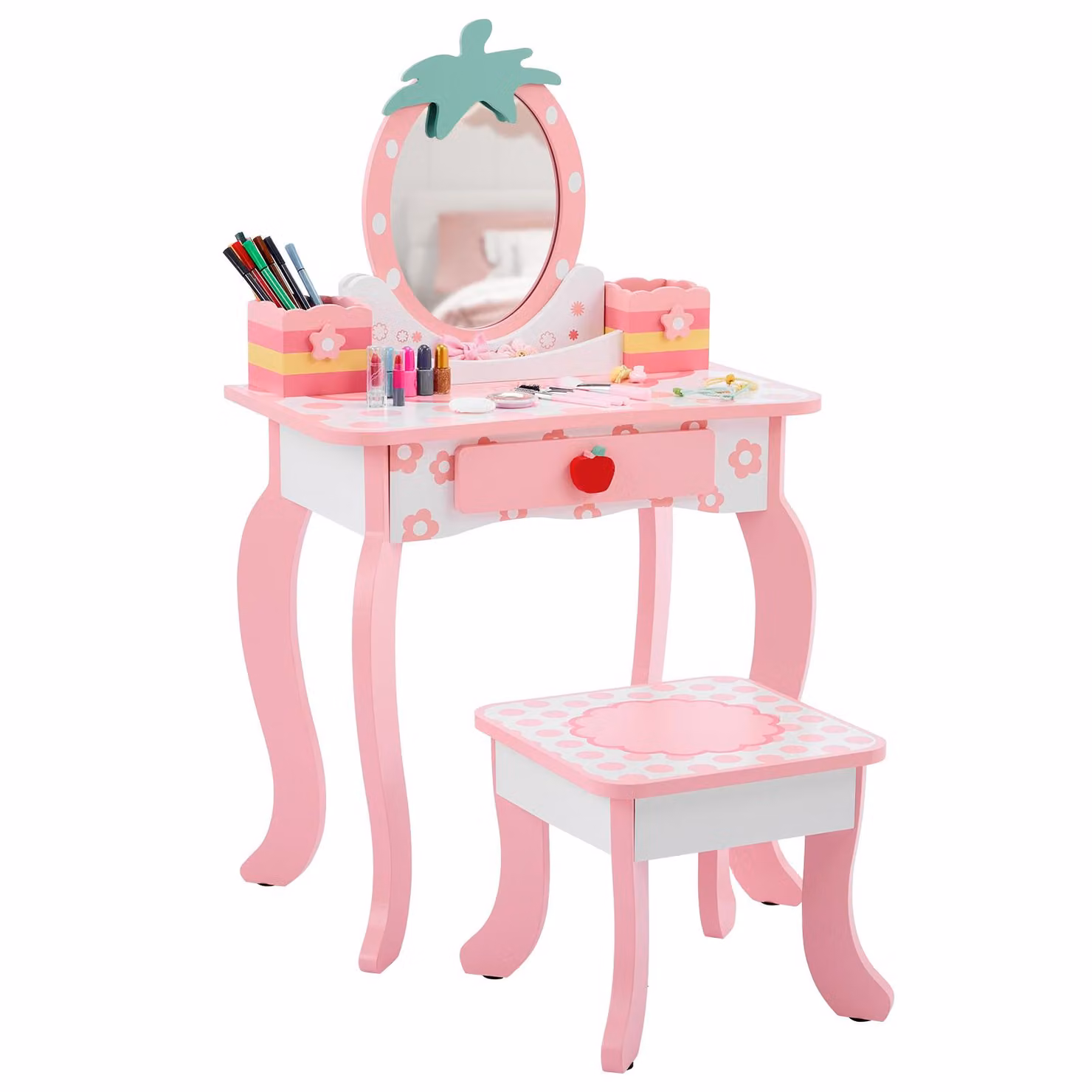 Tavolino da trucco per bambini ALIGHTUP, completo di sgabello, specchio, cassetti e 2 contenitori portaoggetti, colore bianco