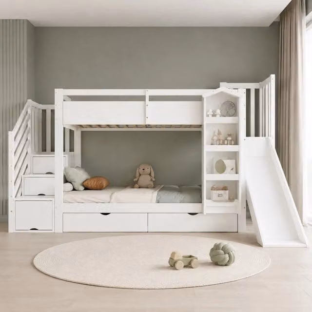 Letto a castello Mivray per bambini con scala contenitore libreria e due cassetti in legno MDF bianco L/P/H: 200 x 90 x 148 cm