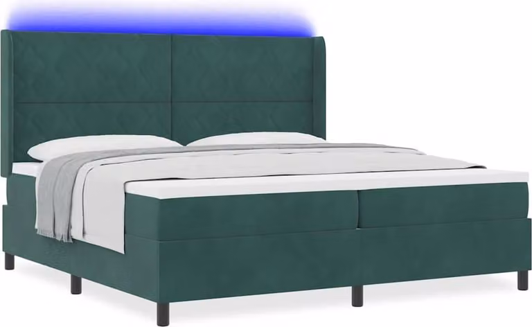 Letto con rete a molle e illuminazione a LED, colore verde scuro, dimensioni 200 x 200 cm, rivestito in velluto