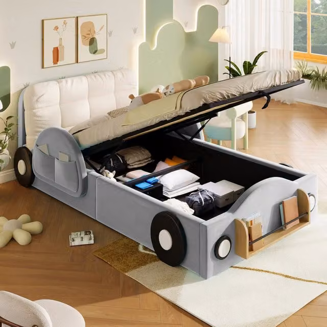 Letto imbottito ULEVR 90x200 cm con contenitore idraulico, tasche laterali e mensola portlibri, grigio