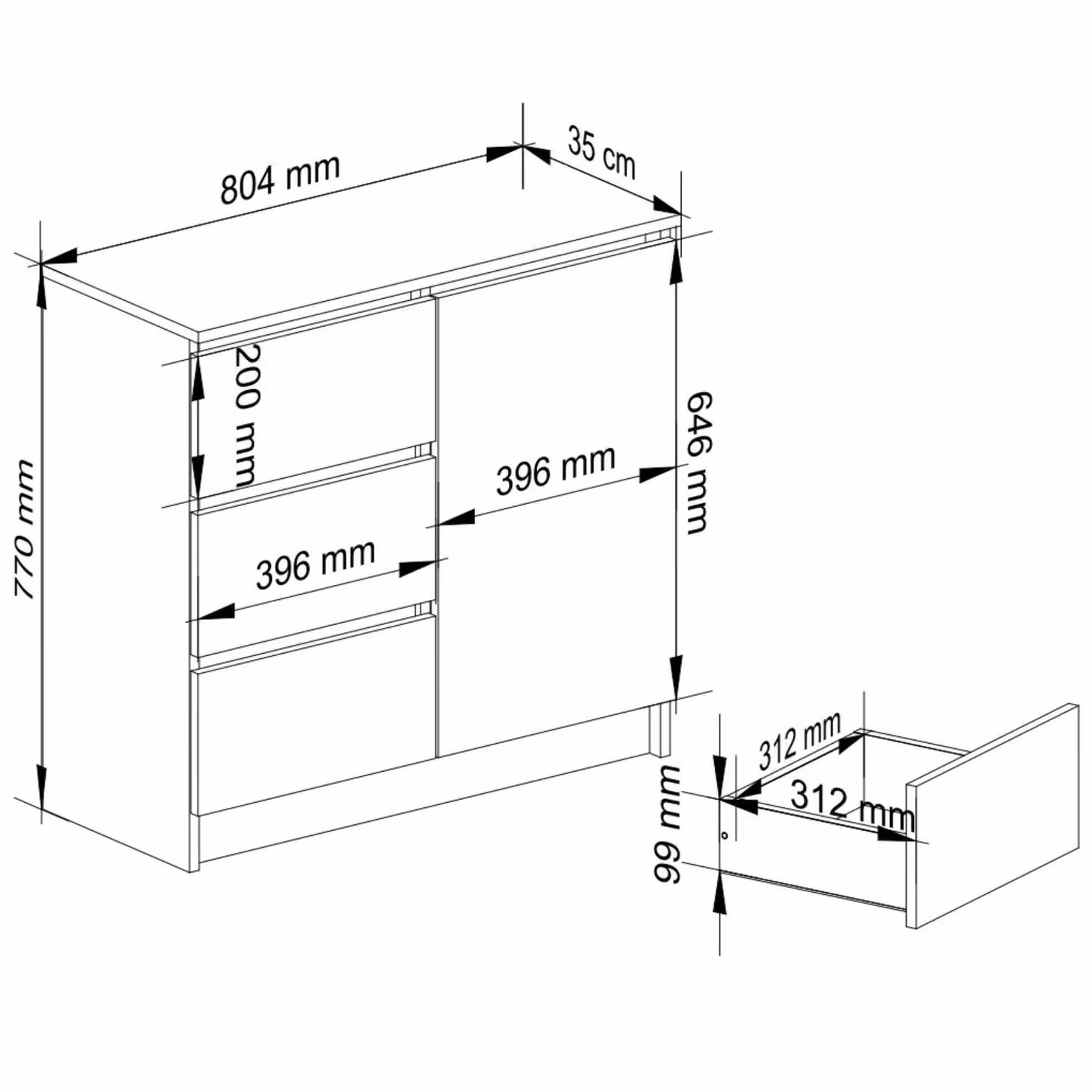 Comò da 80 cm con 3 cassetti e 1 anta, credenza, mobile da 77 cm di altezza