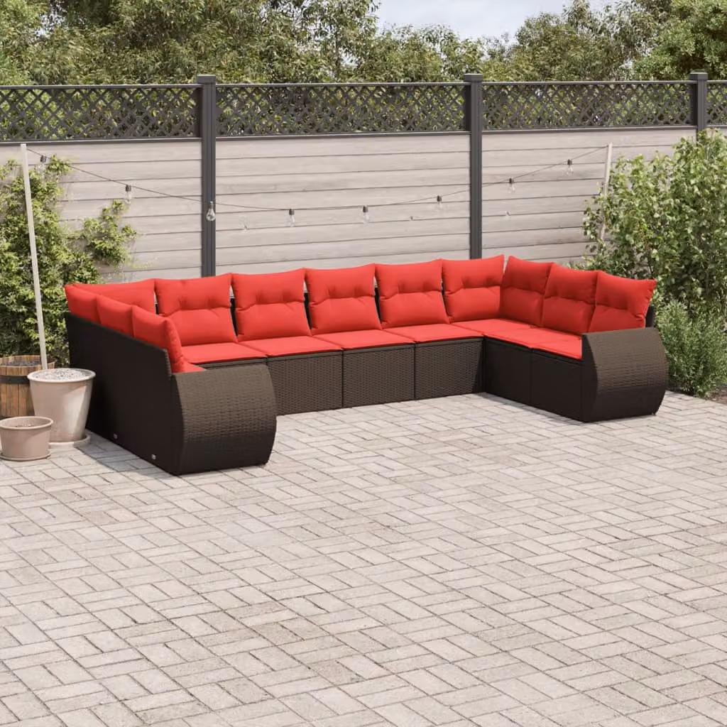 Set di divani da giardino vidaXL a forma di L composto da 10 pezzi con cuscini marroni e rossi in rattan e metallo per esterno