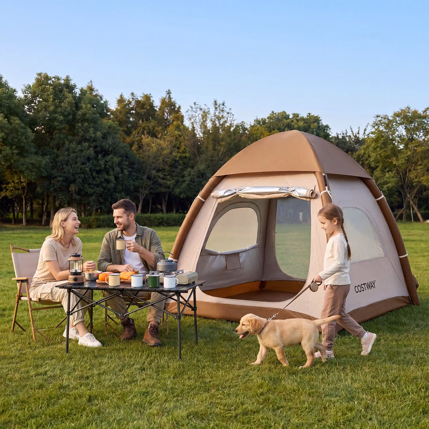 Tenda da campeggio gonfiabile Costway per 2-4 persone, tenda ad aria istantanea beige con finestre a rete, pompa, picchetti e corde antivento