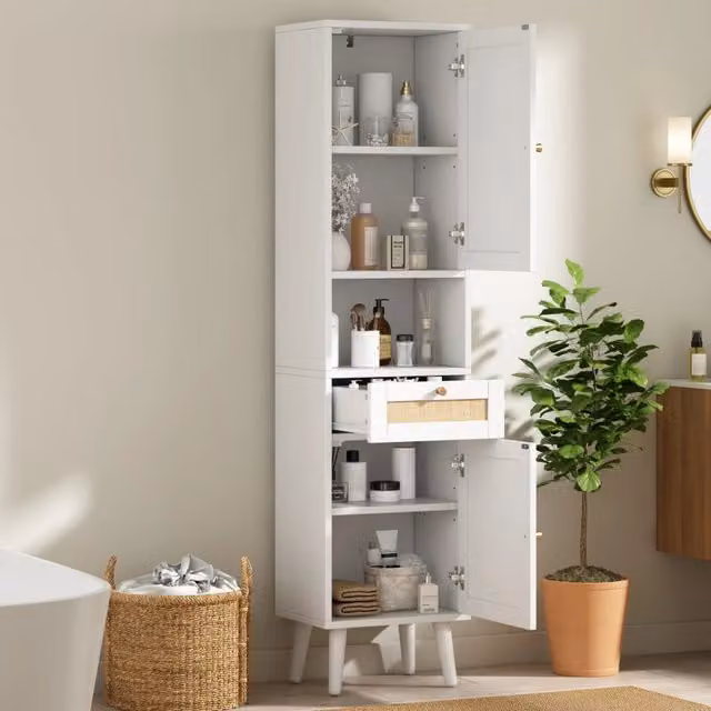 Armadietto da bagno alto con ante in rattan reversibili cassetto e vani aperti in MDF bianco 40 × 30 × 166 cm