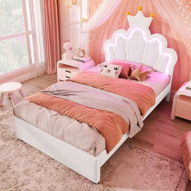 Letto singolo per bambini OKWISH in PU bianco con 2 cassetti, illuminazione LED e testiera regolabile, L/P/H: 203.5 x 90 x 131 cm