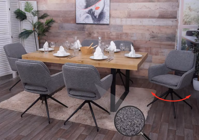 Set di 6 sedie da pranzo modello HWC-N74, sedia da cucina, girevole con sistema di ritorno automatico, rivestita in tessuto bouclé (540g/m²), colore grigio