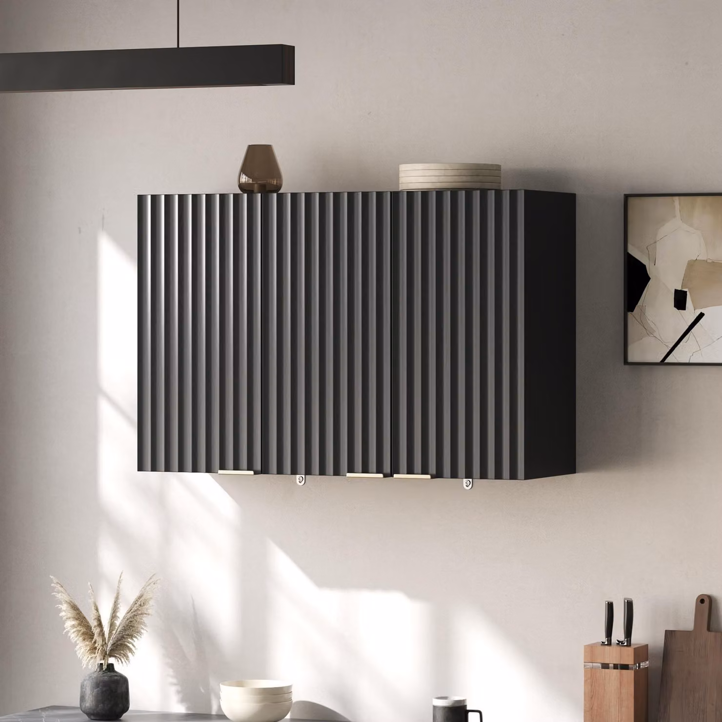 Mobiletto da parete per cucina o bagno, con 3 ante e spazio contenitivo, design semplice, colore nero