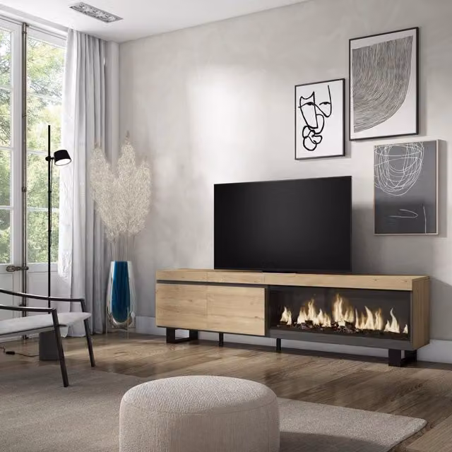 Mobile TV Soggiorno, 208x35x57cm, Per TV fino a 80", Camino elettrico XXL, Design industriale, colore Rovere RF3278