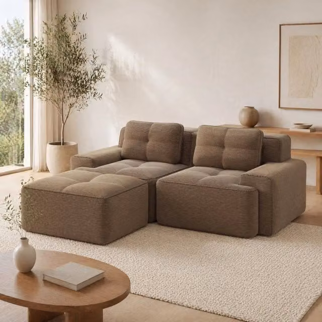 Divano modulare con seduta profonda in corduroy marrone; design moderno senza montaggio