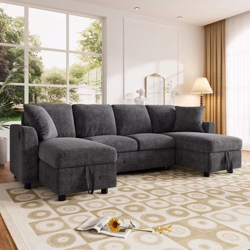 Divano angolare convertibile OKWISH con funzione letto, contenitore e porte USB/Tipo C, grigio antracite, L: 260 cm, P: 128 cm, H: 82 cm – 2