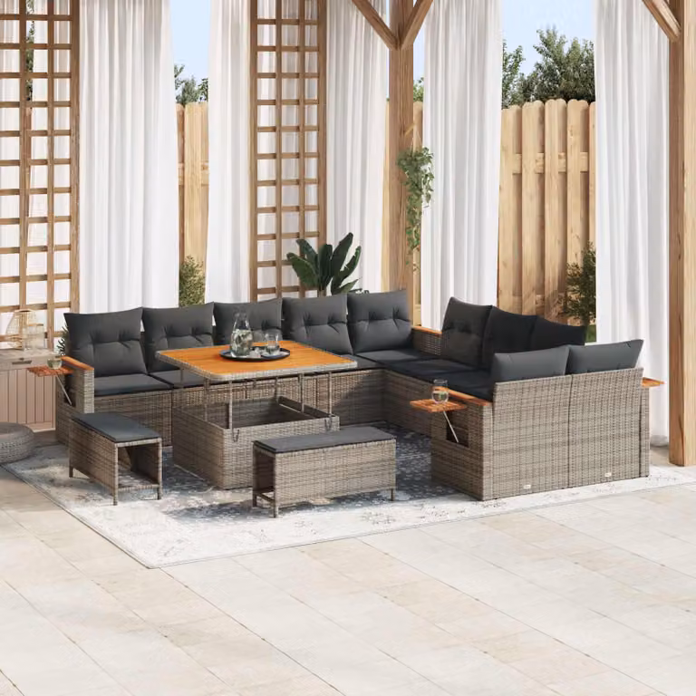 Set Divano da Giardino vidaXL 13 pz in Polyrattan Grigio con Cuscini e Tavolino
