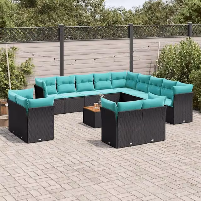 Set di Divani da Giardino vidaXL a Forma di U in Polyrattan Nero con Cuscini Blu e Tavolino da Esterno