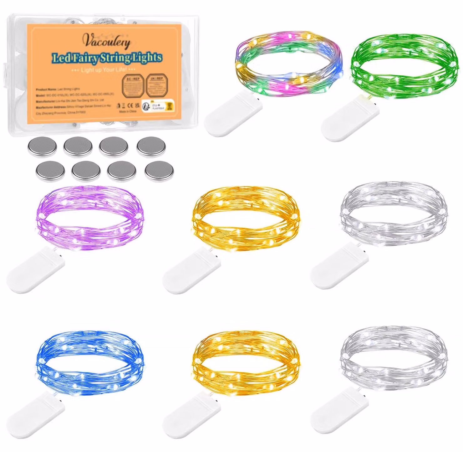 Catena luminosa a LED, 2 metri, 20 LED, alimentata a batteria, confezione da 8 pezzi, 6 colori