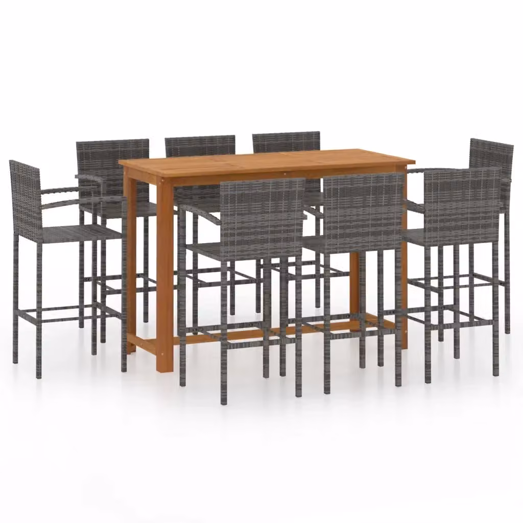 vidaXL Set Bar da Giardino 9 pz in Polyrattan e Legno di Acacia Grigio e Marrone – 2