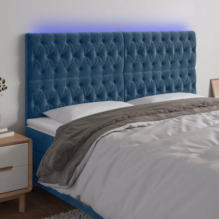 Testiera con LED e porta USB vidaXL in velluto blu scuro, L: 180 cm, P: 7 cm, H: 118-128 cm