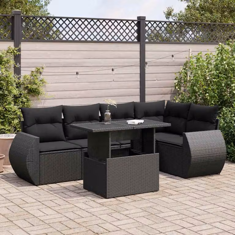 Set Divano da Giardino vidaXL 6 pz in Polyrattan Nero con Cuscini e Tavolino da Esterno a Forma di L