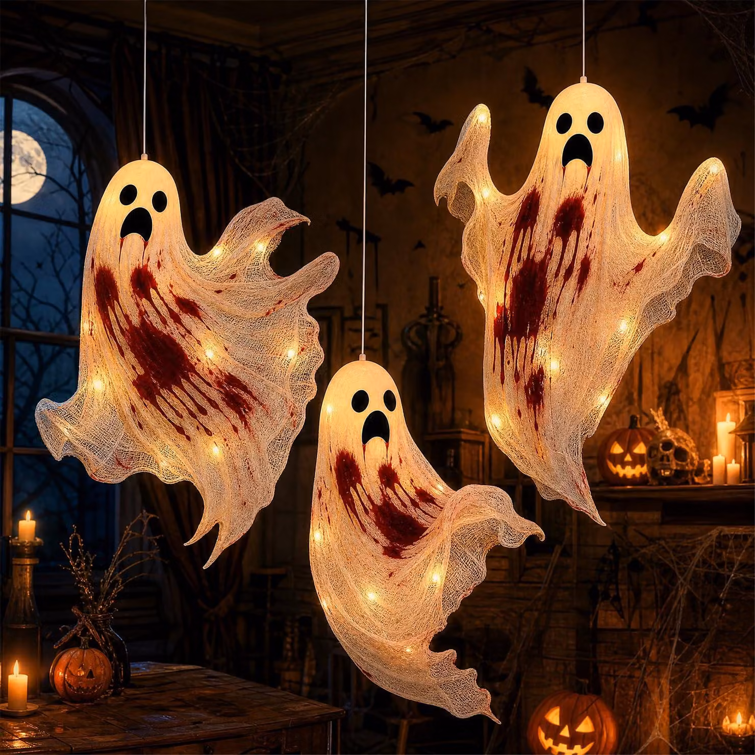3 decorazioni per esterni a forma di fantasmi di Halloween, con luci LED, dimensioni 50x60 cm, realizzate in poliestere