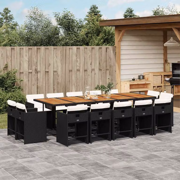 Set da pranzo da giardino vidaXL in polyrattan nero con cuscini e tavolo in legno di acacia per 15 persone