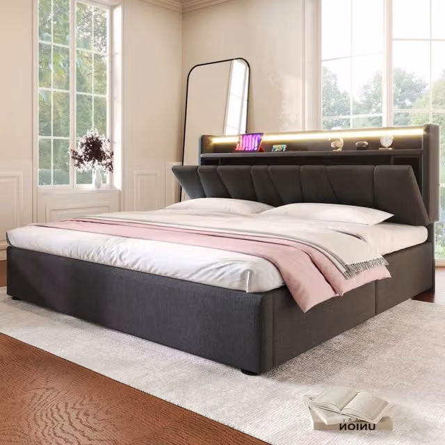 Letto matrimoniale imbottito 160x200 con contenitore; testiera regolabile; LED RGBW e prese USB; grigio