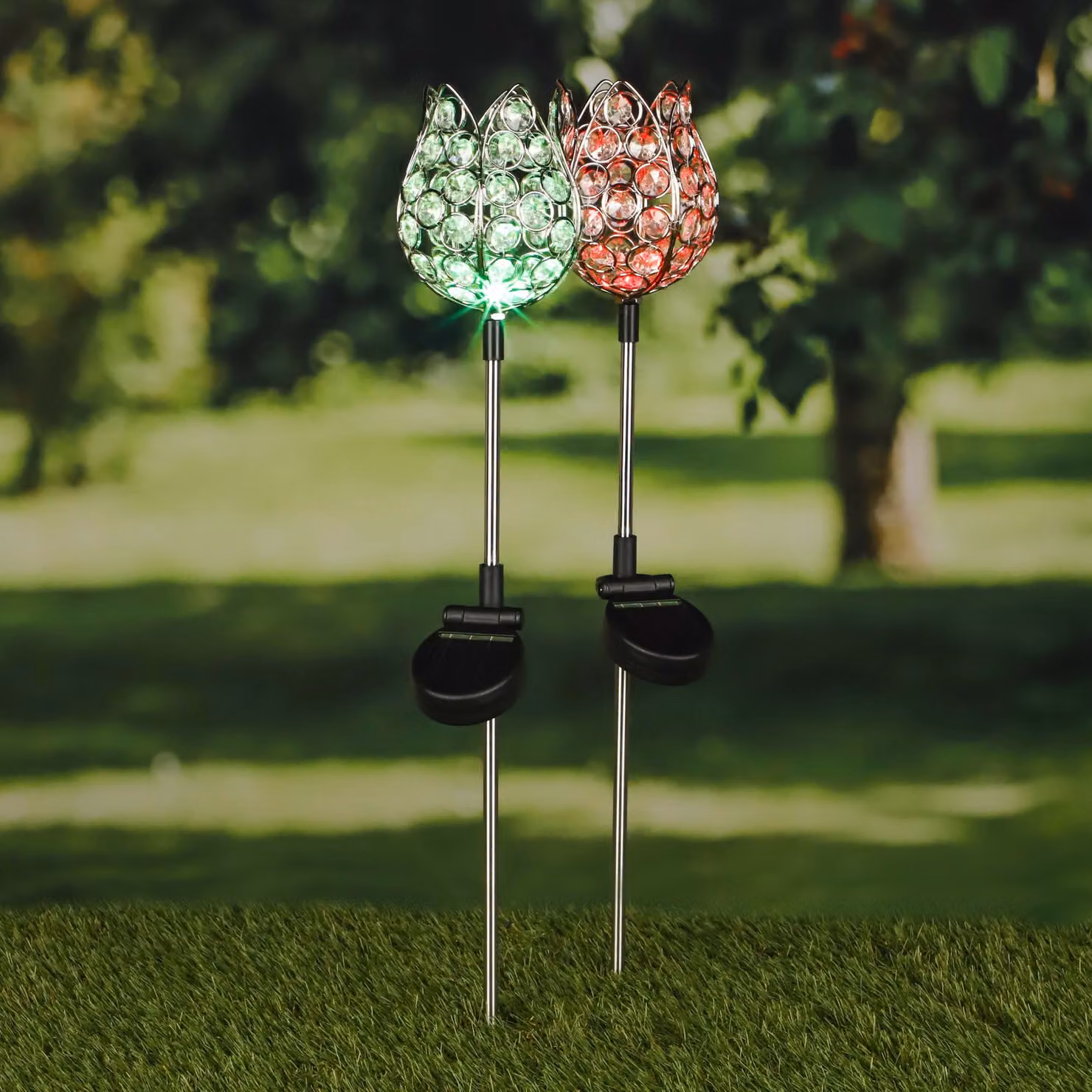 Asta solare a LED 'Crystal flower' - LED cambia colore - H: 65cm - set di 2