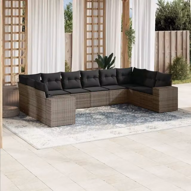 Set Divano da Giardino 10 pz con Cuscini Grigio in Polyrattan 3223069