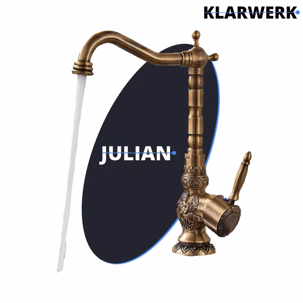 Rubinetto da cucina Klarwerk JULIAN in ottone spazzolato con miscelatore retrò a due maniglie e beccuccio girevole – 2