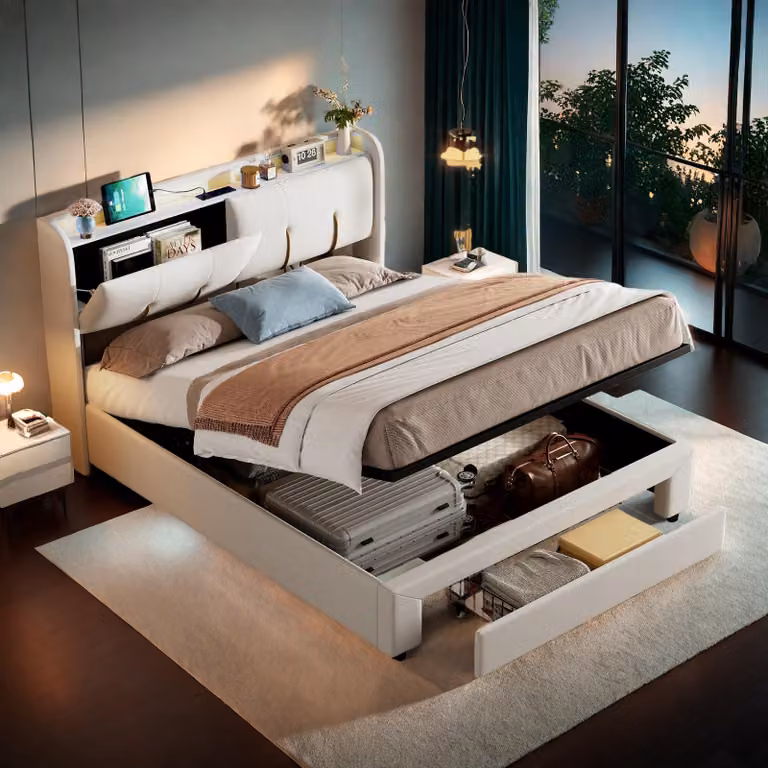Letto imbottito ProximaX con contenitore 140x200 cm, letto in velluto con LED, USB, contenitore idraulico, mensola sulla testiera, ampio spazio di contenimento, stabile, confortevole, beige