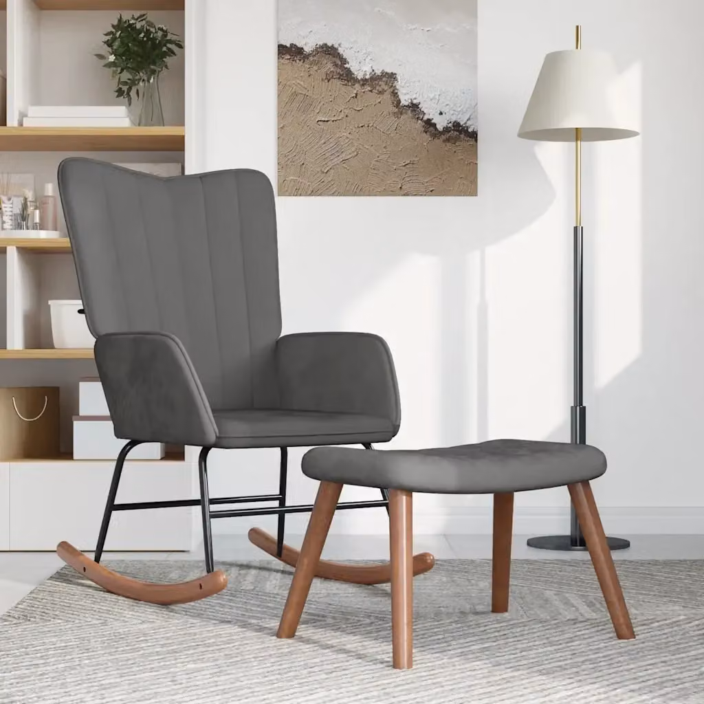 Poltrona Relax a Dondolo con Poggiapiedi in Velluto Grigio e Struttura Moderna – 2