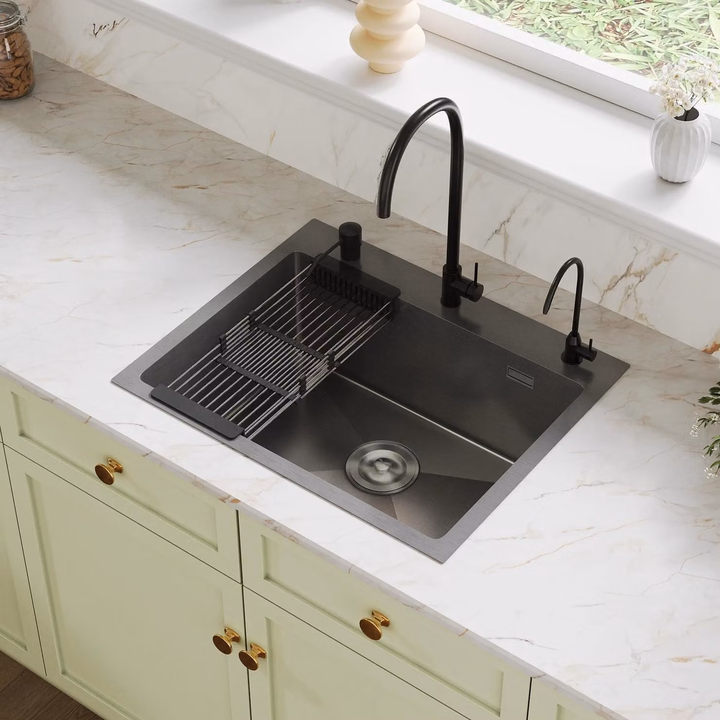 Lavello da cucina - Vasca singola - 55 x 45 x 20 cm - Acciaio inossidabile 304 - Rivestimento nanotecnologico - Con miscelatore - Scarico a tappo a scomparsa - Cesto scolapiatti estraibile