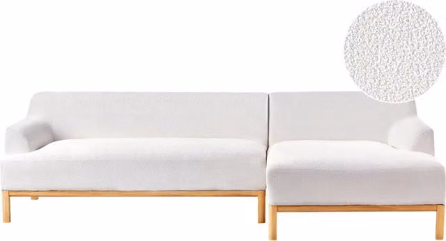 Divano angolare 3 posti BELIANI in tessuto bouclé bianco, lato sinistro, con struttura in legno massello e gambe in rubberwood, ideale per il tuo soggiorno