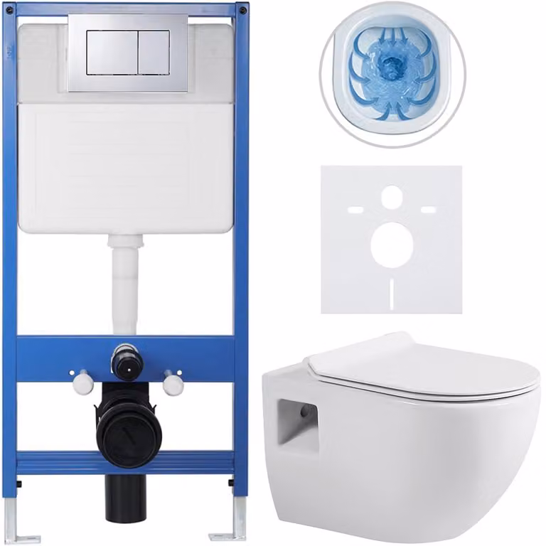 Set completo per WC sospeso Lite/Dure - bianco lucido - pulsante per WC Classic, cromato - installazione a muro/con pannello in cartongesso - 51x35 cm