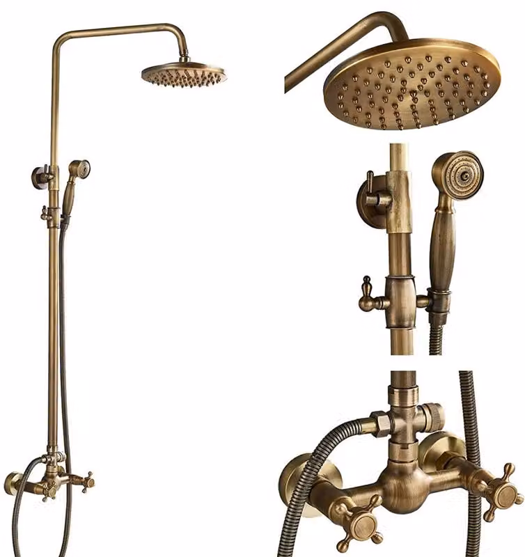 Rubinetto per doccia da bagno, finitura in ottone anticato, design a doppia maniglia, ottone anticato B1