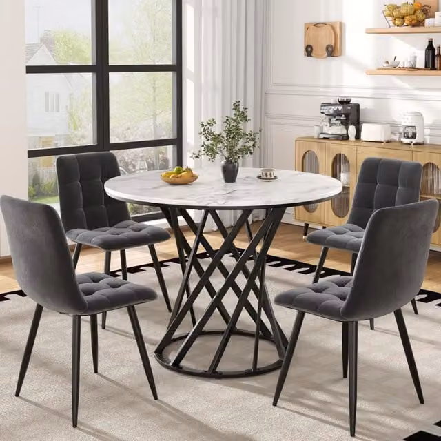 Set tavolo e 4 sedie, 80 cm, MDF bianco effetto marmo, cucina moderna