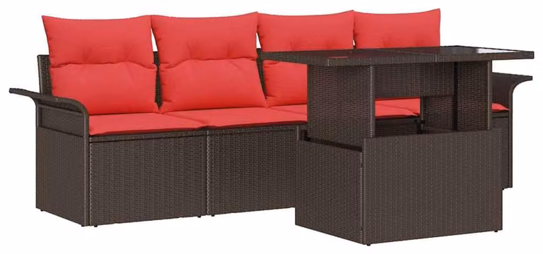 Set Divano da Giardino con cuscino 5 pcs Marrone polyrattan