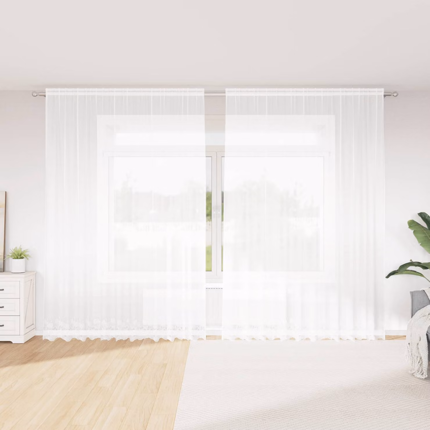 Tenda in pizzo semi-trasparente con motivo floreale vidaXL, colore bianco, in poliestere, L: 260 cm x H: 300 cm