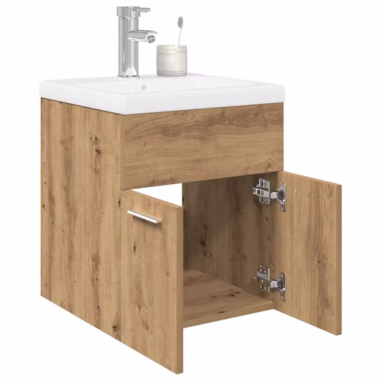 Mobiletto da bagno sospeso vidaXL con lavabo integrato e rubinetto in rovere e bianco L/P/H: 76,5 x 46,0 x 41,0 cm