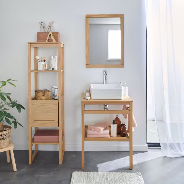 Mobile 60cm rovere, lavabo quadrato, rubinetto, specchio, colonna HOPP
