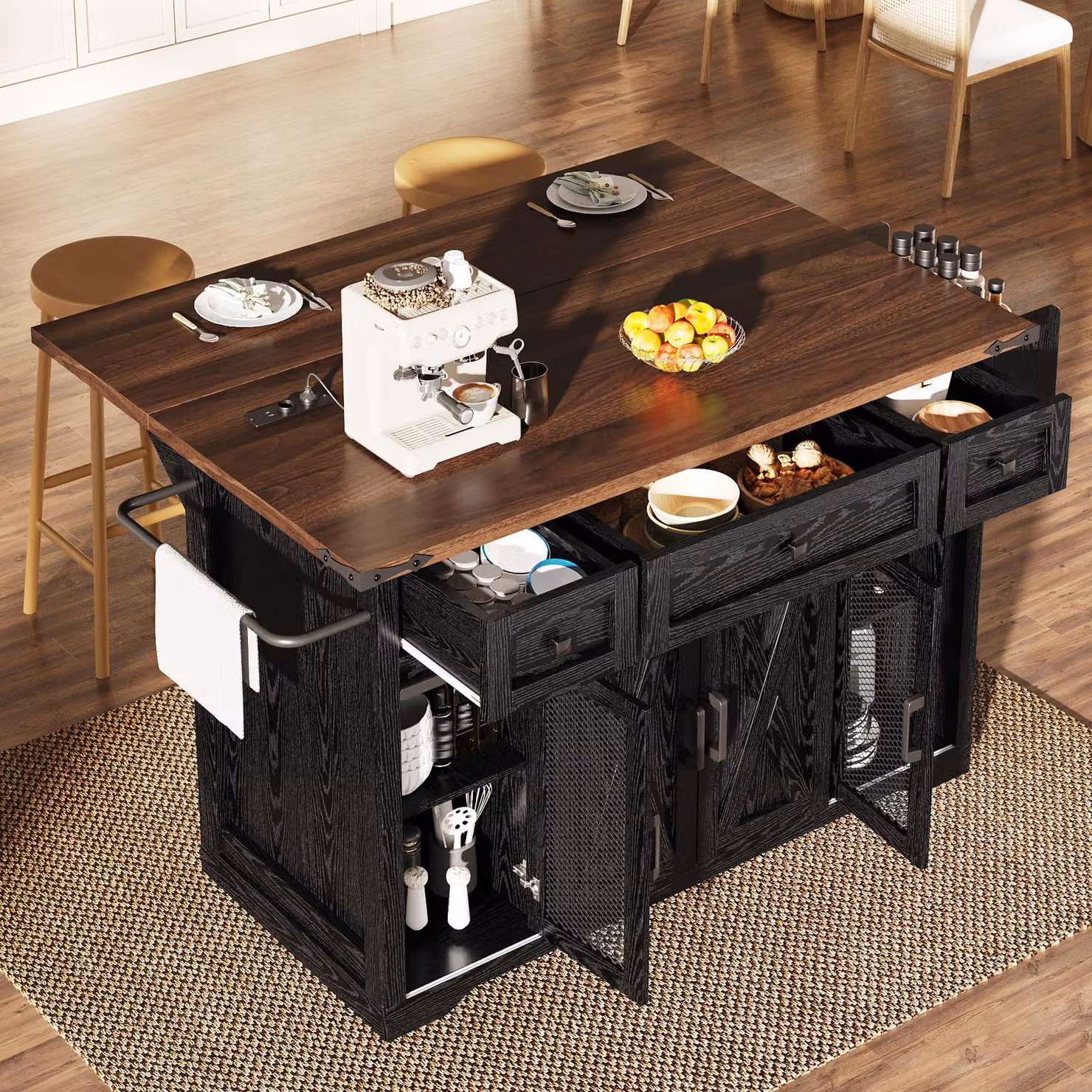 Carrello da cucina MODFU nero con cinque rotelle, isola da cucina con piano di lavoro estraibile, tavolo da cucina con presa di corrente e altezza di lavoro di 91 cm